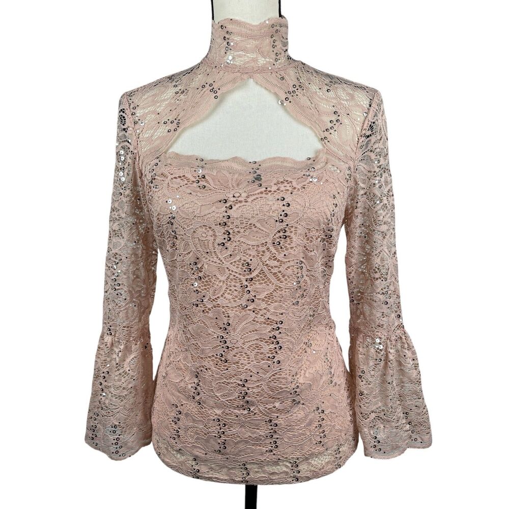 Venus Women's Top Size 12‎ Pink Sequin Lace Mock Neck Cutout Long Sleeve Blouse
